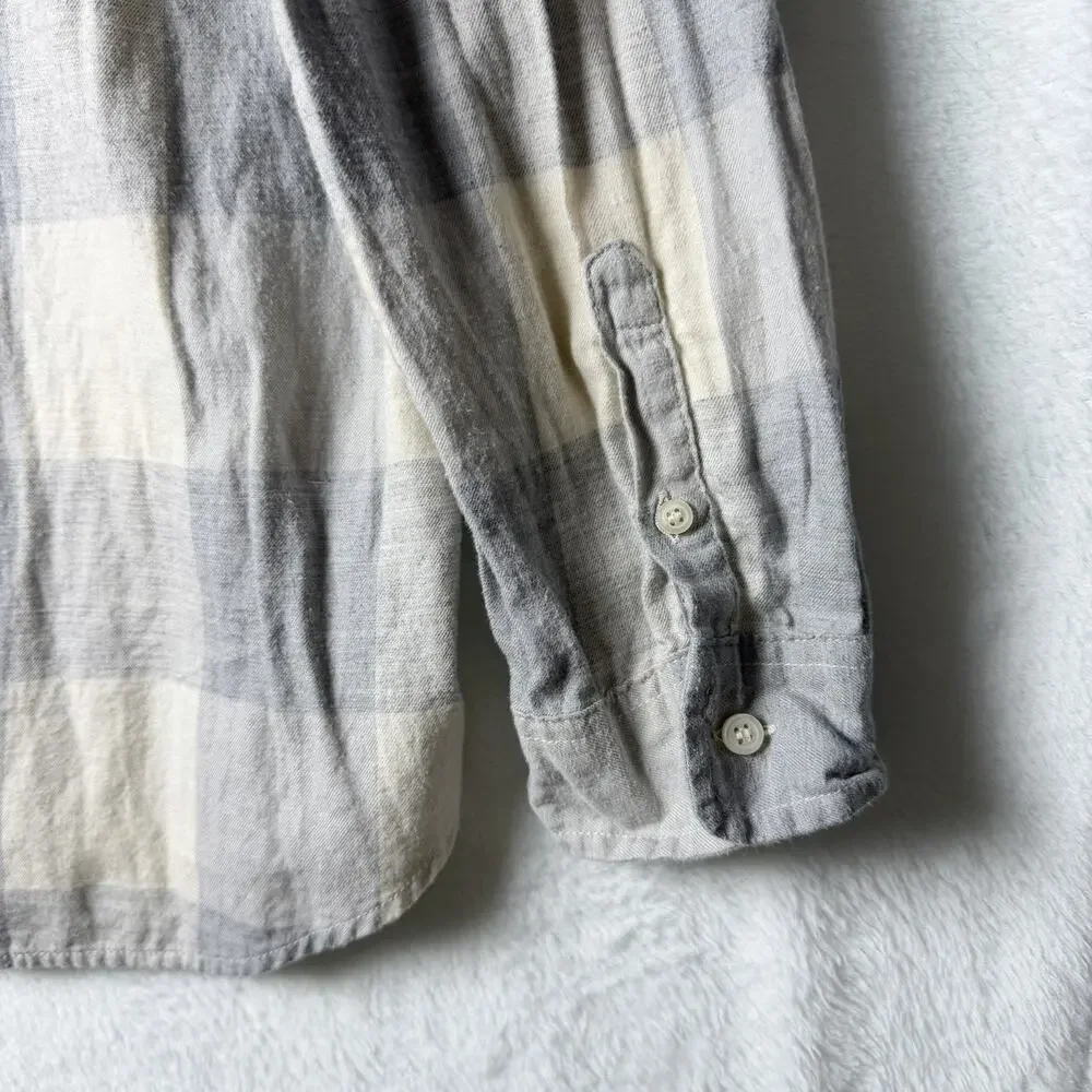 J. Crew Open V-Neck Gray Cream Plaid Flannel Popover Shirt Women’s Size XL